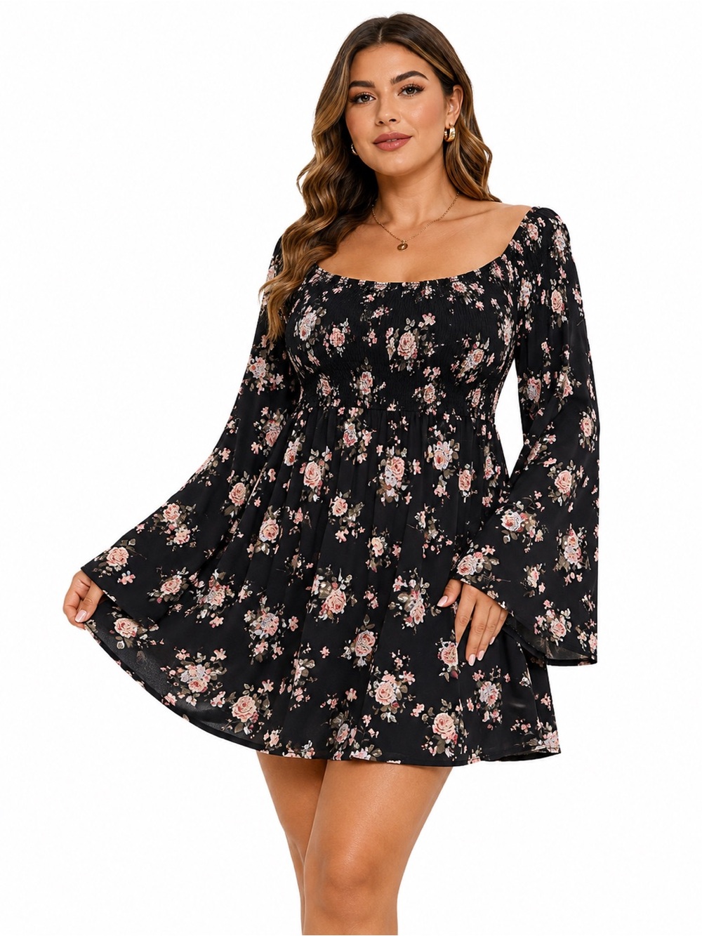 NWT Oneyim Black Floral Smocked Babydoll Bell Sleeve Dress 2XL